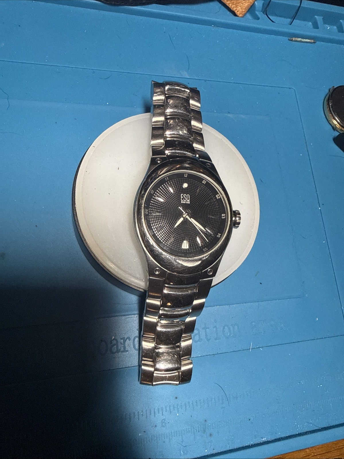 Esq by Movado Men’s Stainless Steel Swiss Watch E5263 New Battery Runs Great
