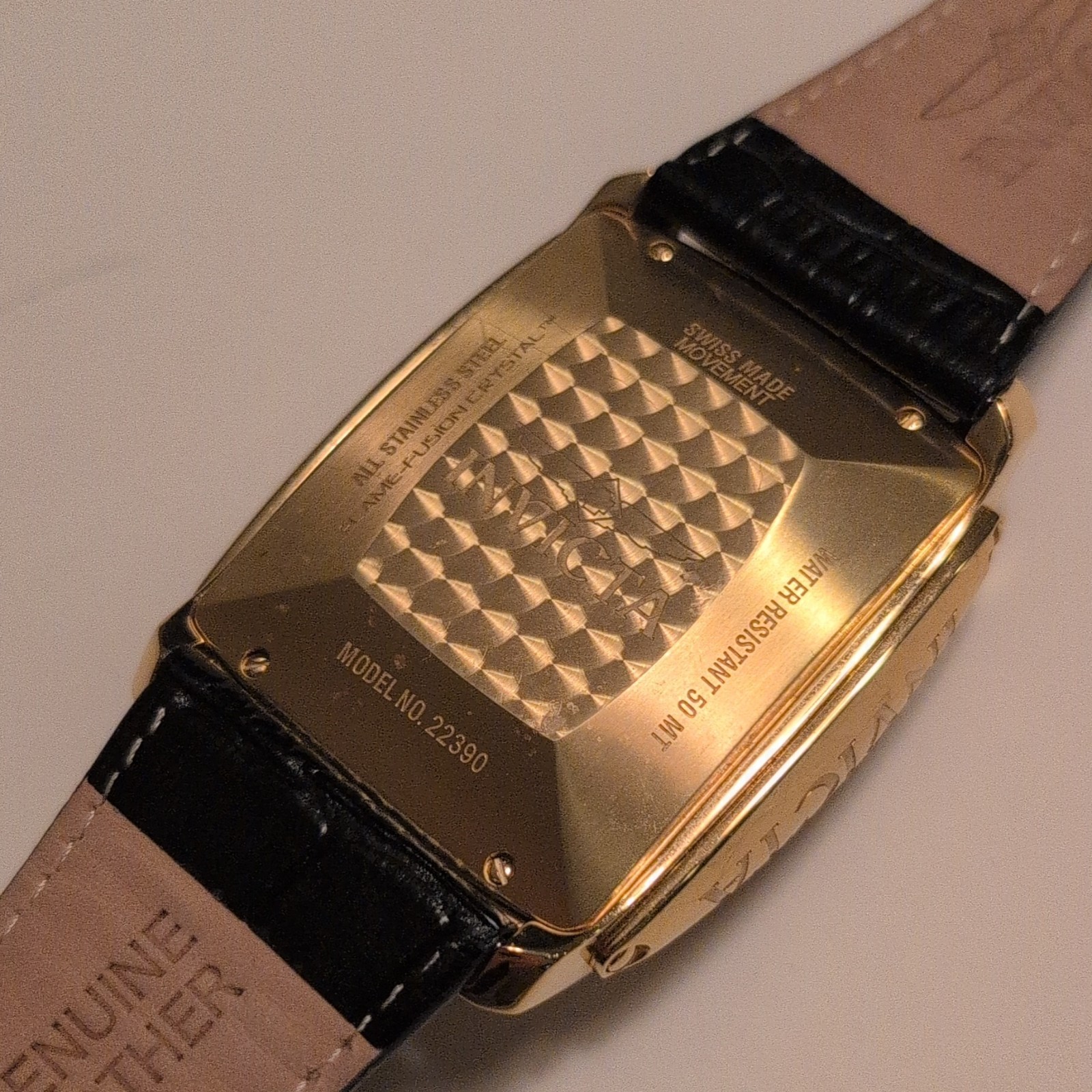 Invicta 22390 Quartz Rectangle Gold Tone Case Black Dial Leather Strap 50m