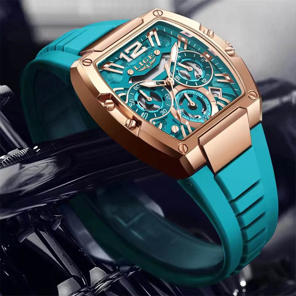 LIGE Men Rectangle Watch Big Dial Chronograph Wristwatch Boy Outdoor Sport Watch