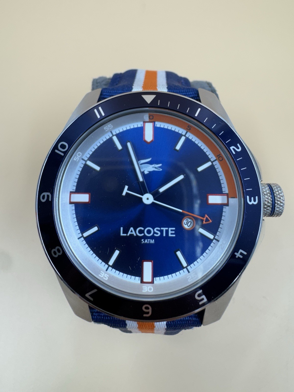 Lacoste LC12.12 Blue Orange Men’s Quartz Watch Date 5ATM Nylon Strap Runs