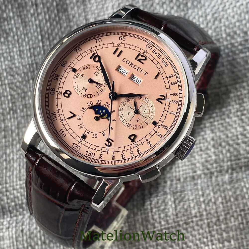 Corgeut 42mm Silver/Rose Gold Automatic Mens Watch Day Date Month Year Day/Night