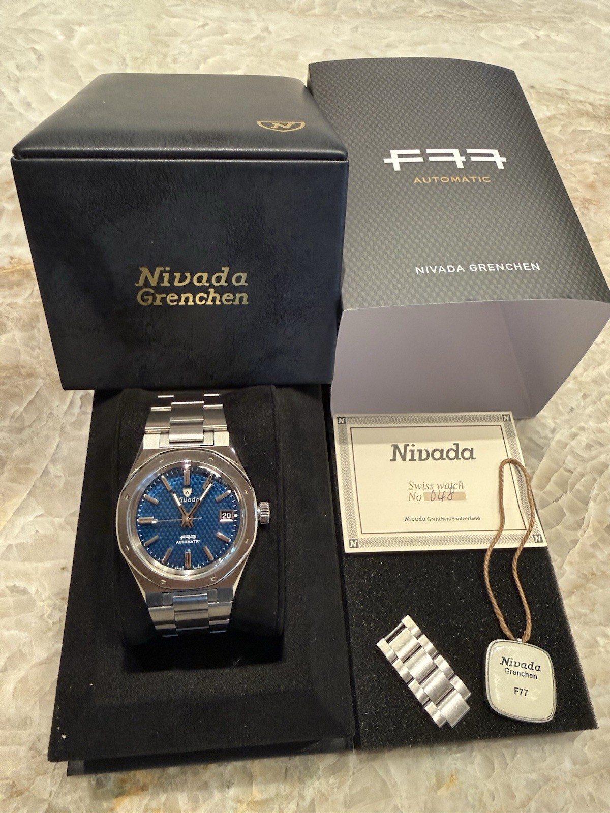 Nivada Grenchen F77 Mk1 #48 Automatic Blue Date Steel Bracelet – *Never Worn*!