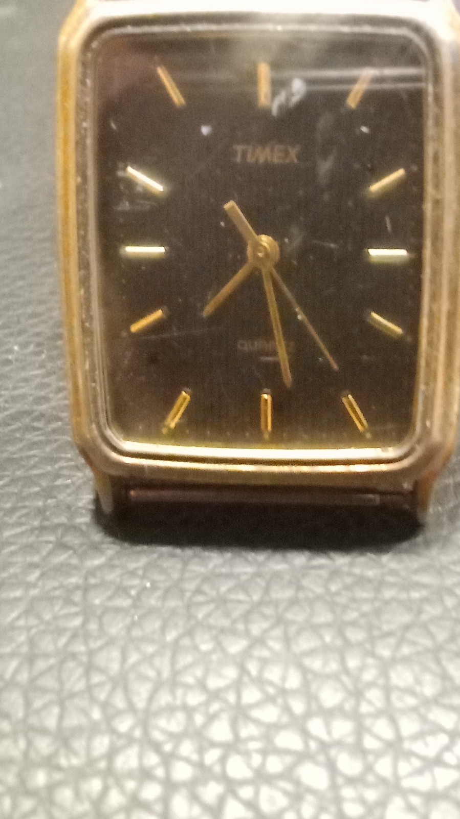 Timex Quartz Analog Wristwatch Square Gold Case Black Dial Stick Indexes
