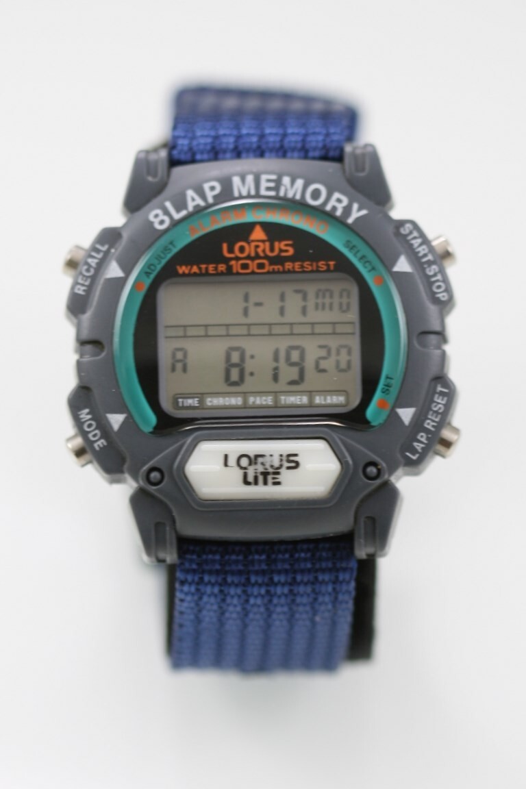 Lorus Men Watch 100m Gray Plastic Chron Light Alarm Date Blue Nylon Quartz