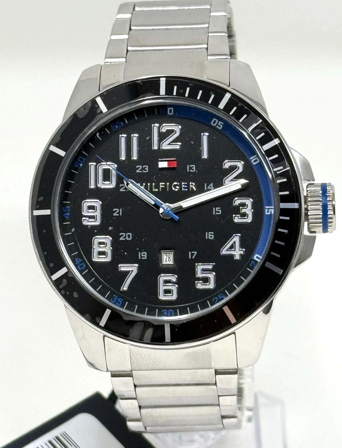 Tommy Hilfiger Three Hand Stainless Steel Black Dial 46mm Watch NIB 1791074