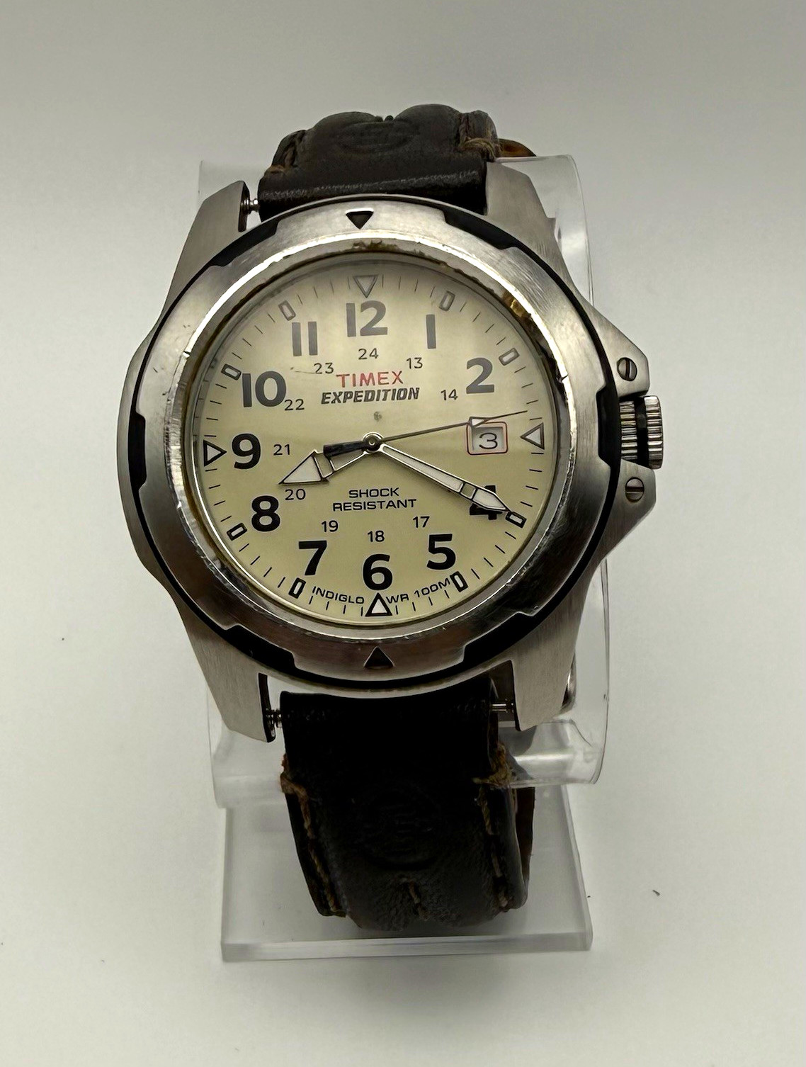 Timex Expedition Mens Quartz Analog Beige Dial Date Black Leather Strap 100m