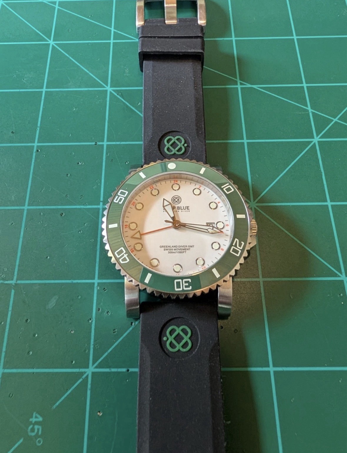 DEEP BLUE GREEN LAND 44MM DIVER GMT 2 TIME ZONE Swiss QUARTZ CERAMIC Bezel WATCH