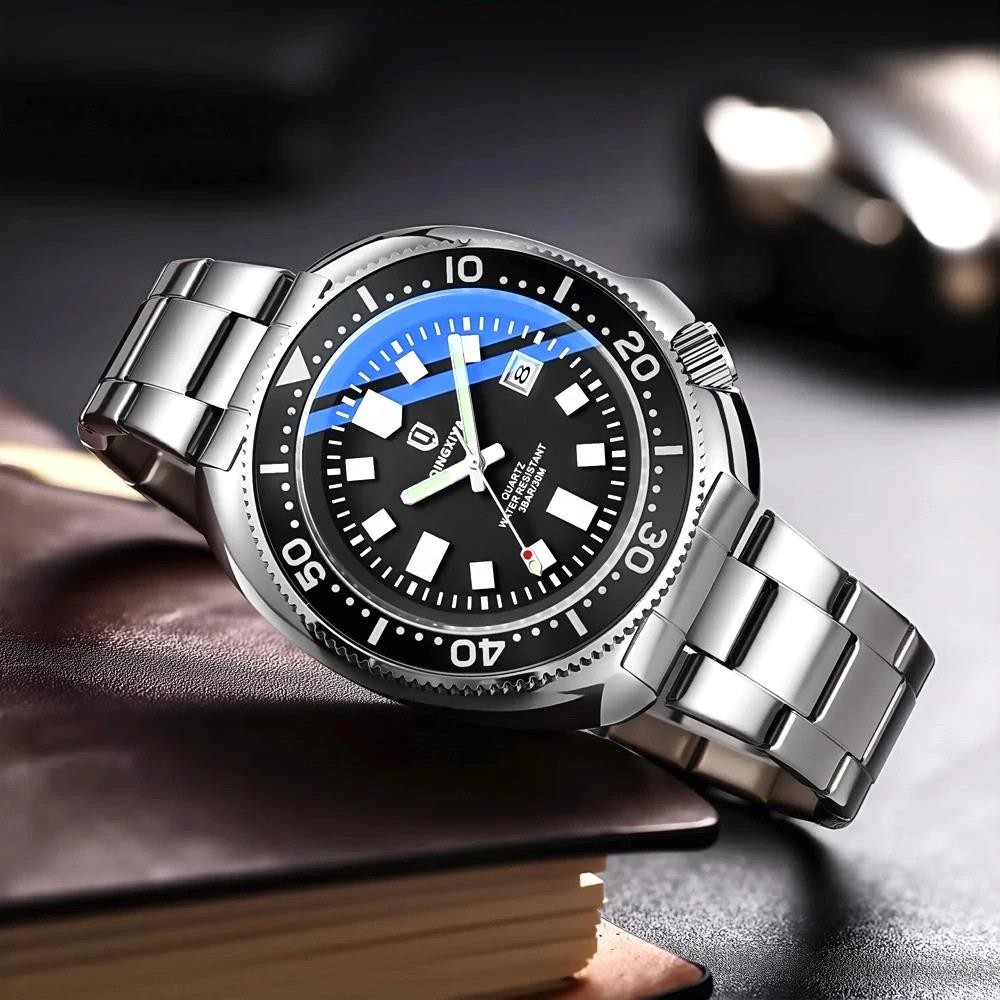 44MM QINGXIYA Tuna Quartz Mens Watch Stainless Steel 30M Waterproof Luminous NEW