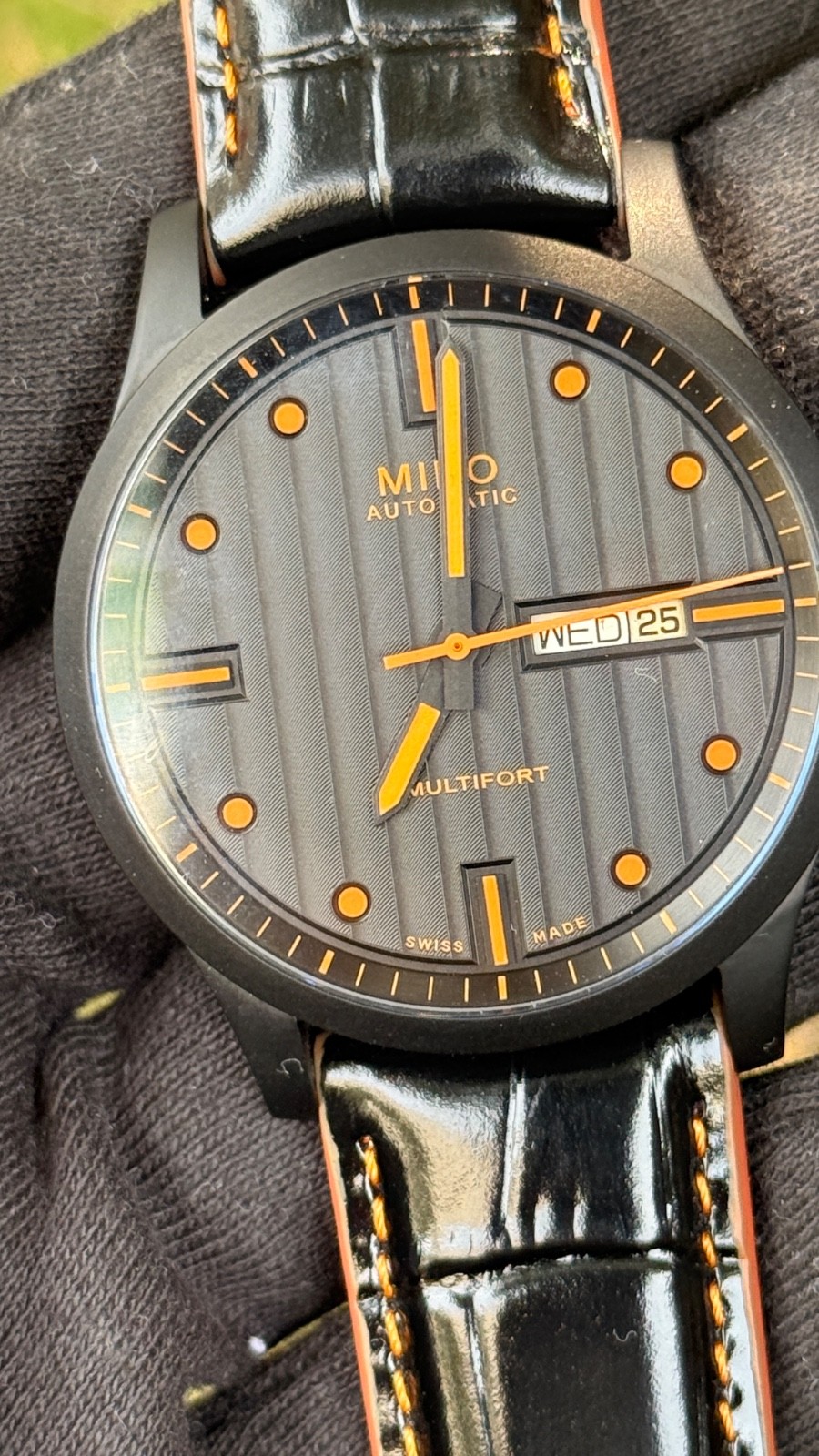 Mido Multifort Day-Date Swiss Automatic Black PVD Orange Dial Day-Date