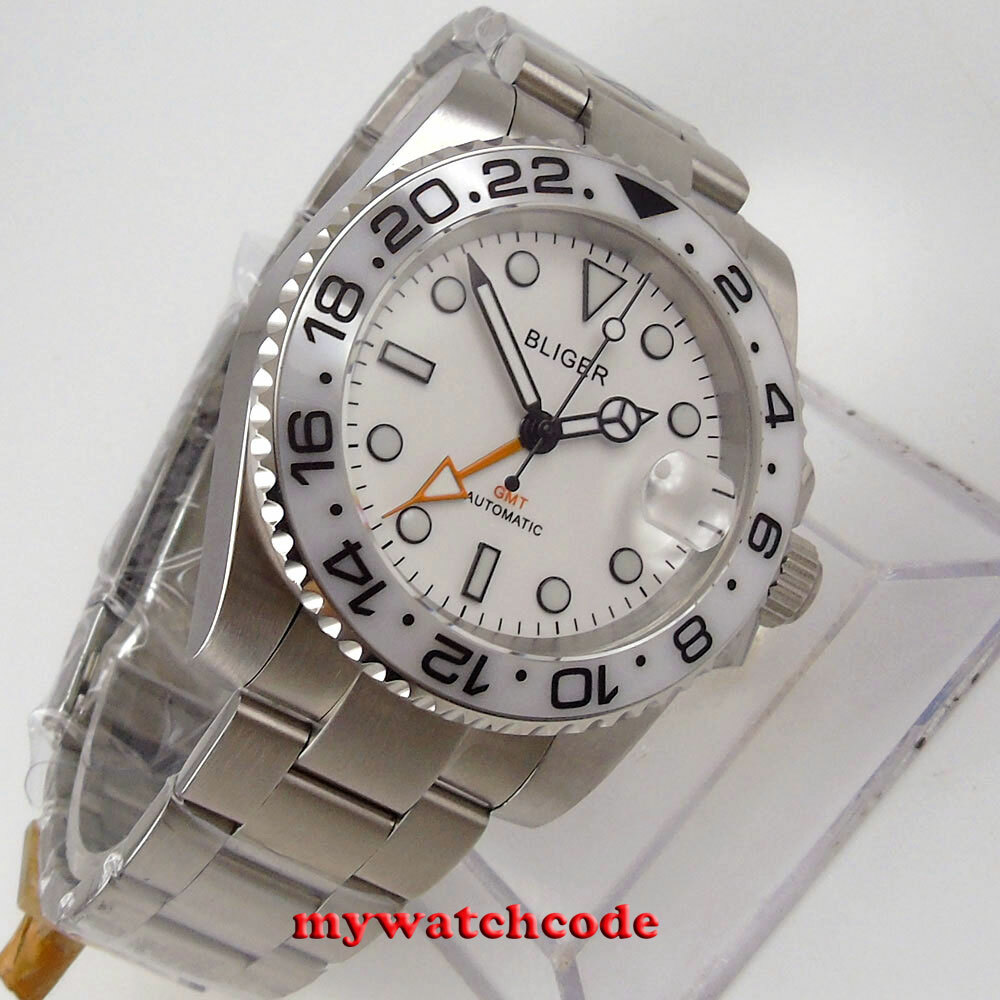40mm BLIGER White Dial Ceramic Bezel NH34A GMT Automatic Mens Watch Sapphire