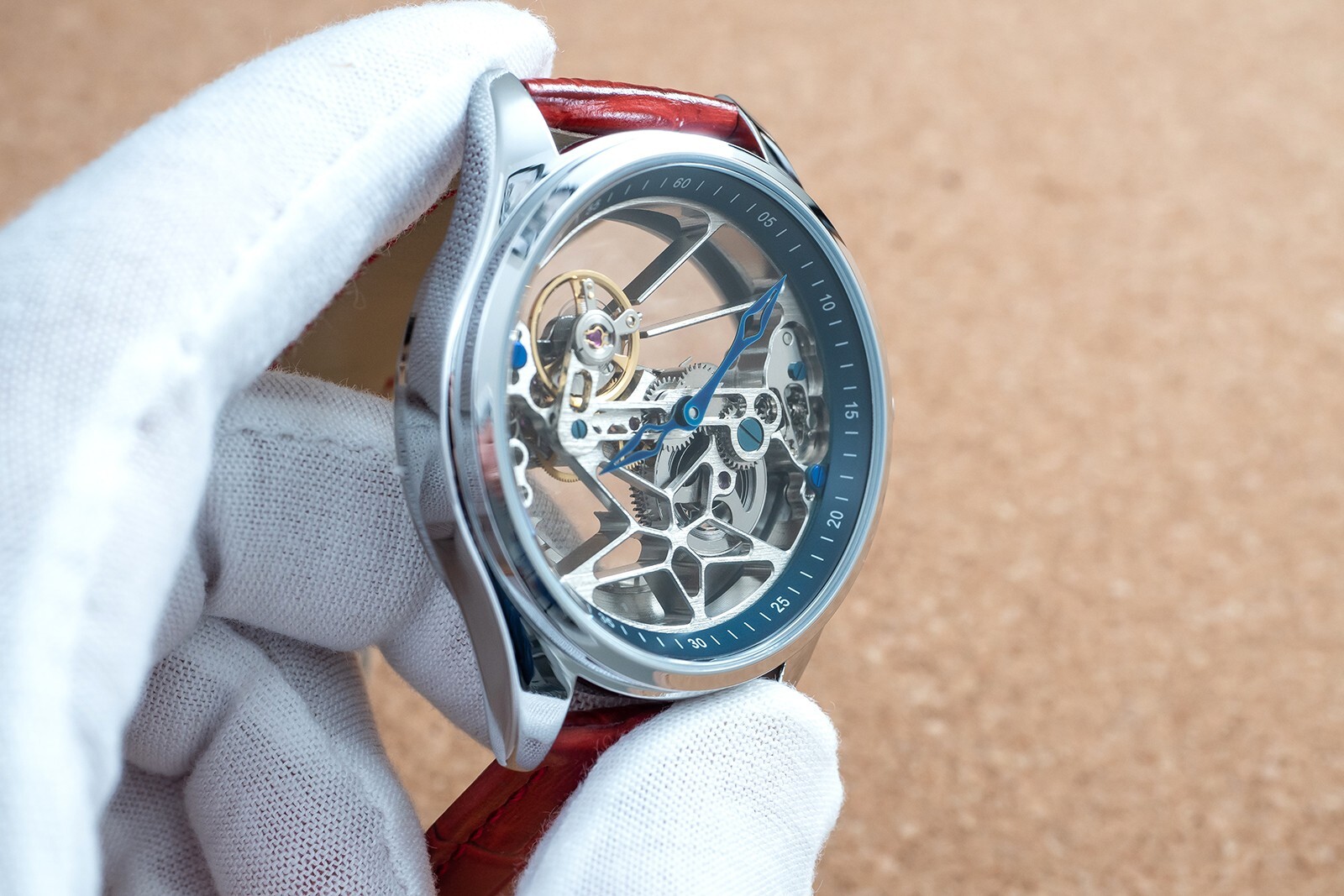 Mens Flywheel Bridge Movement Automatic Mechanical Watch Silver Red Leather Gift