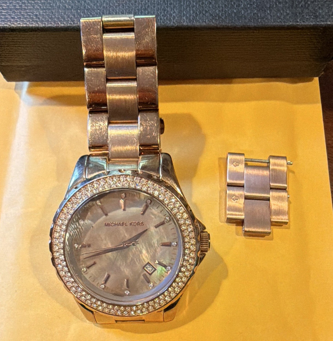 Michael Kors Rose Gold Mother of Pearl Dial Quartz Watch 100m Date Gem Bezel