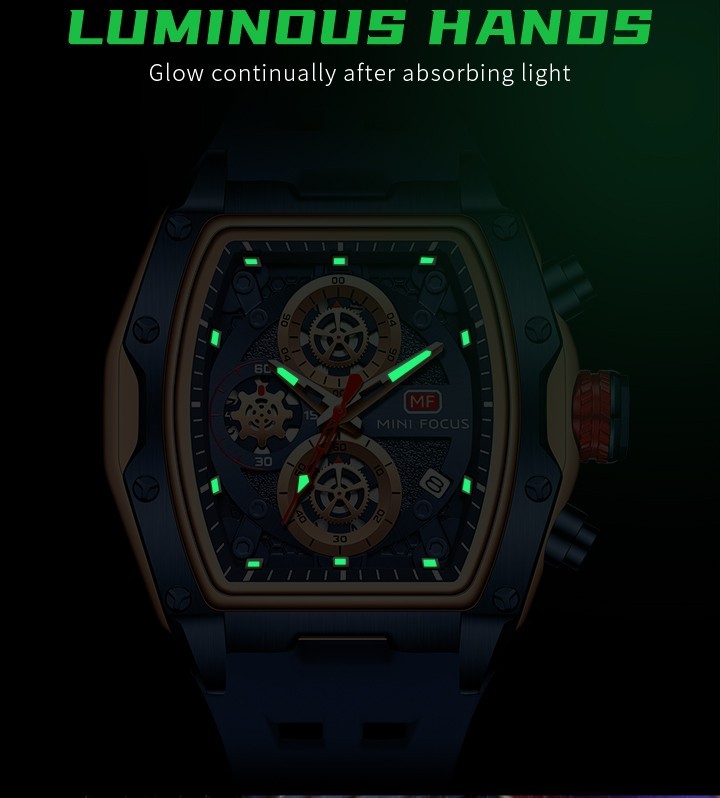 MINI FOCUS Men Tonneau Skeleton Multifunction Chronograph Calendar Quartz Watch