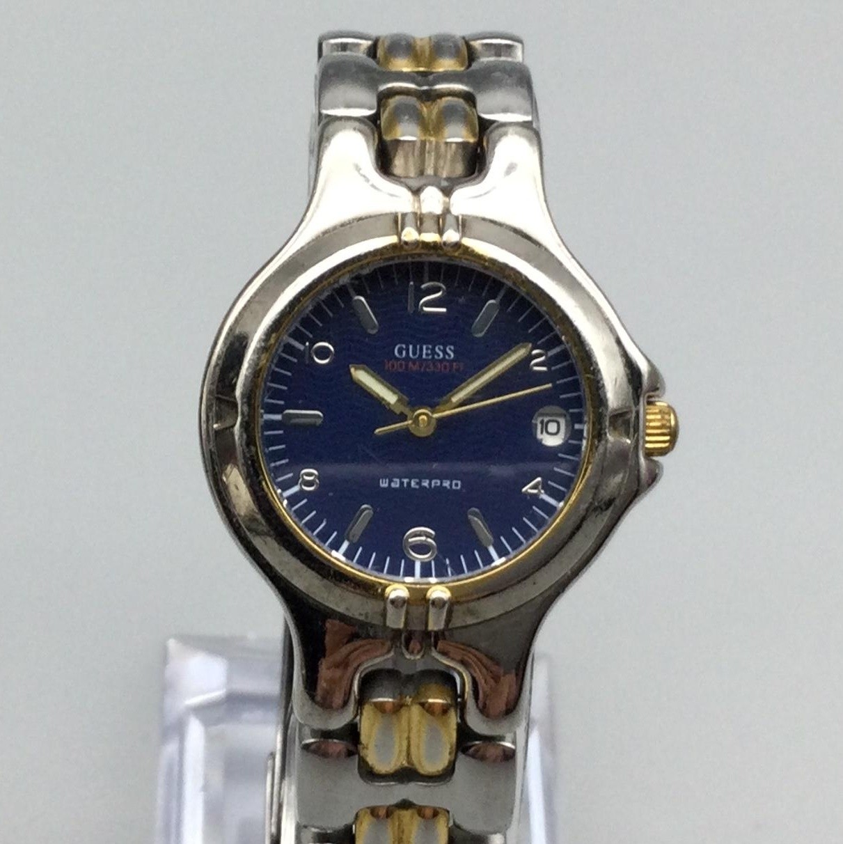 Vintage Guess Waterpro Womens Watch 26mm Blue Dial Two Tone Date New Battery 7″”