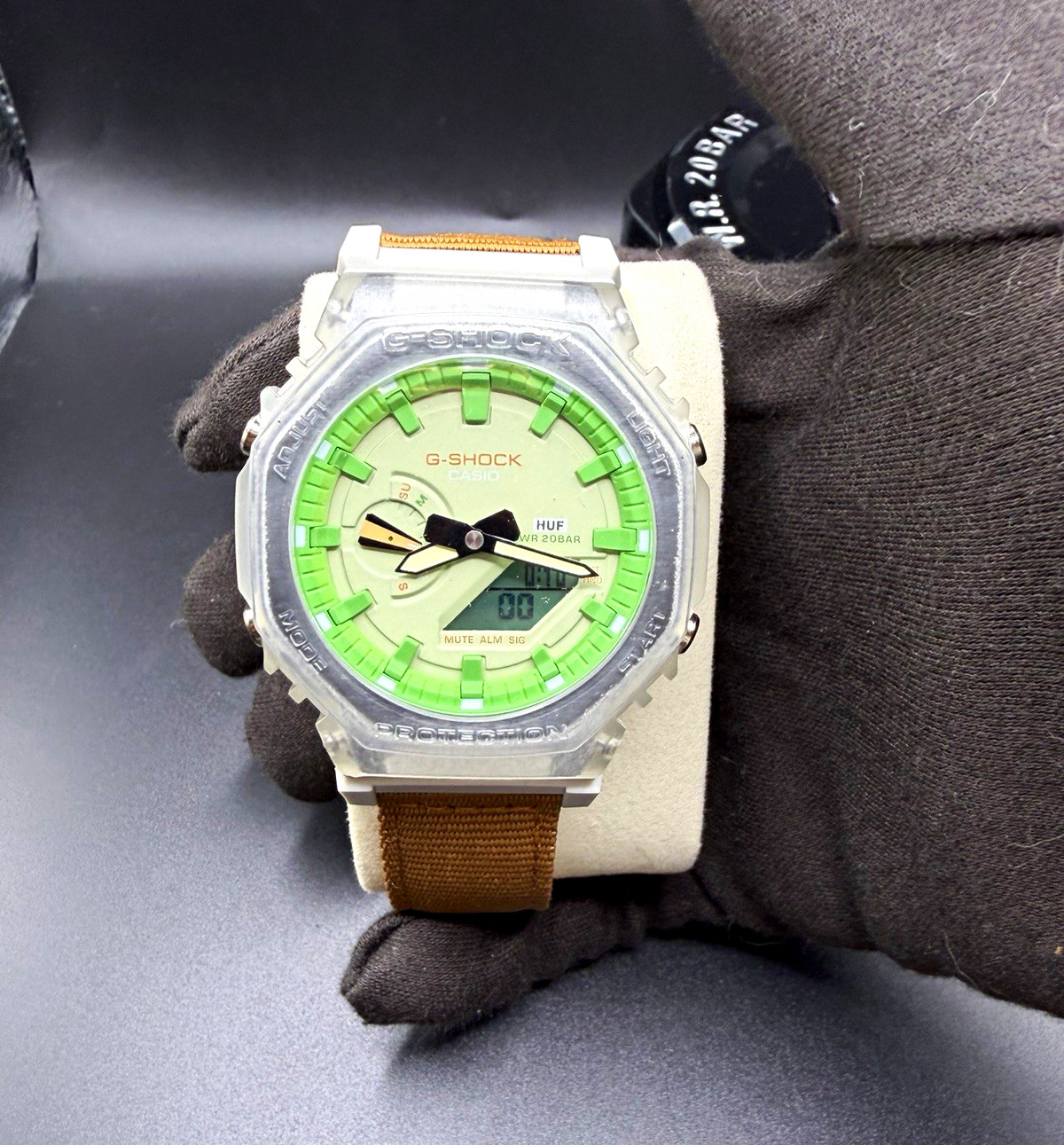 Casio G-SHOCK Analog-Digital Octagon Clear Resin Case Green Dial Huff collab