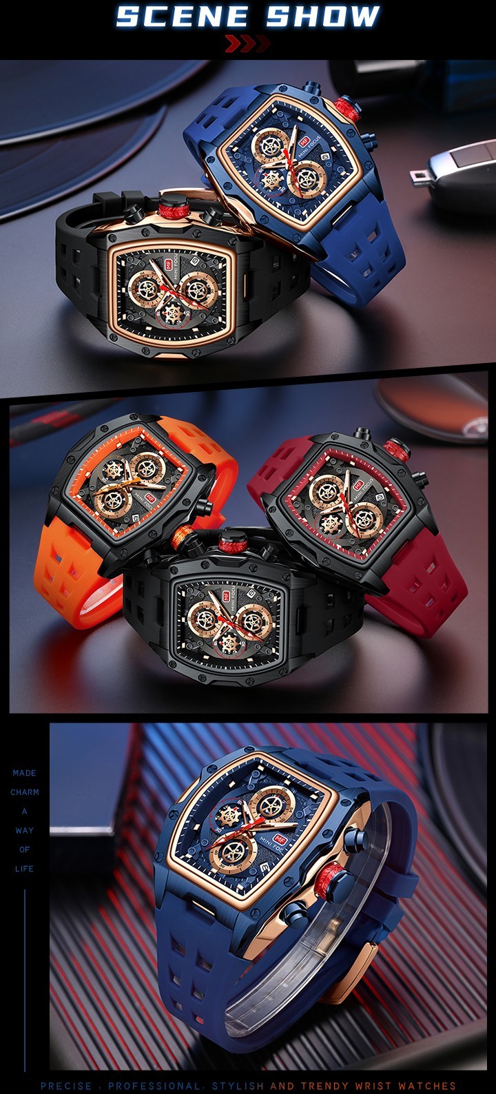 MINI FOCUS Men Tonneau Skeleton Multifunction Chronograph Calendar Quartz Watch