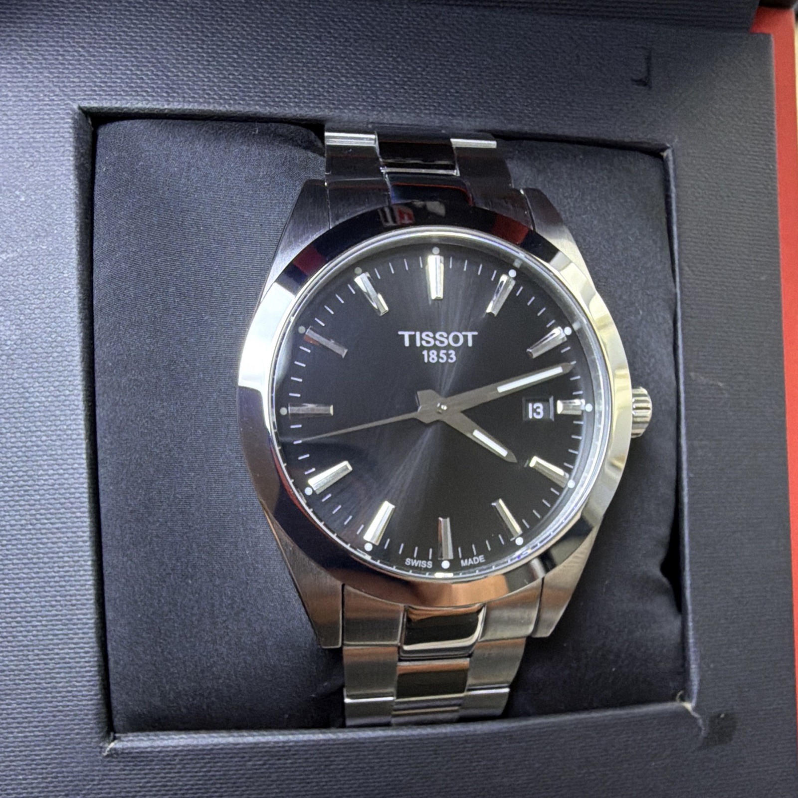 Tissot Quartz Black Sunburst Dial 40mm Date Sapphire Steel Bracelet 100m w/ Box