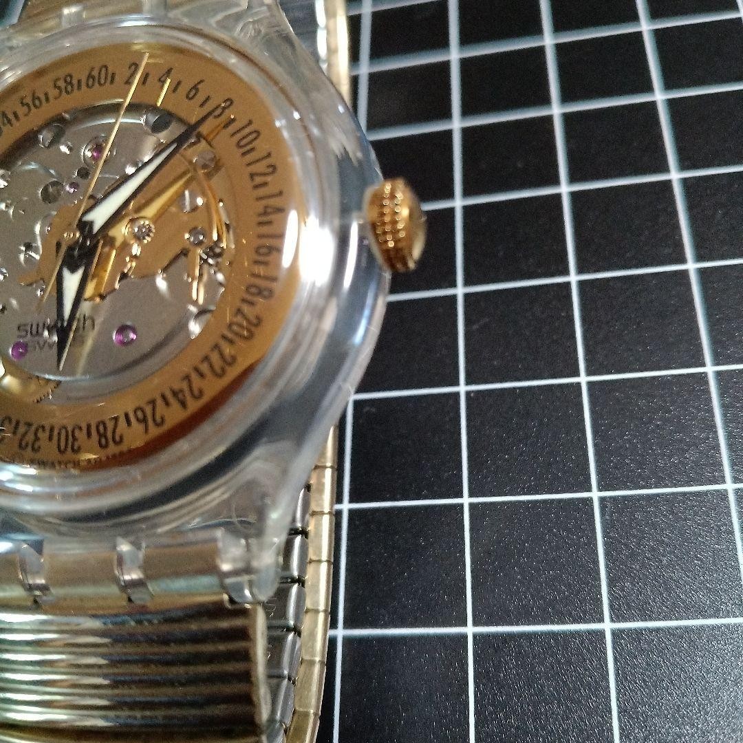 Swatch Automatic Watch Clear Gold Skeleton Dial Metal Band Vintage Rare