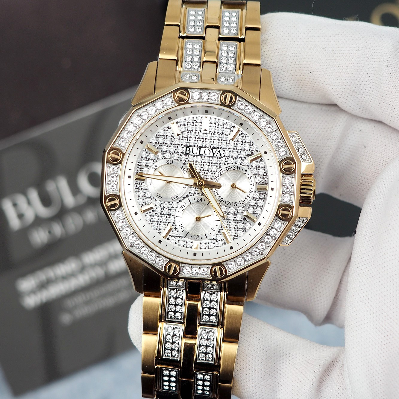 Bulova Octava 98C126 Pave Crystal Dial Silver Gold Two Tone Men’s Quartz Watch