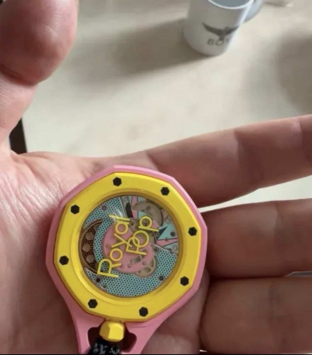Swatch Pop Octagon Pink Plastic Case Yellow Bezel Multicolor Dial Quartz