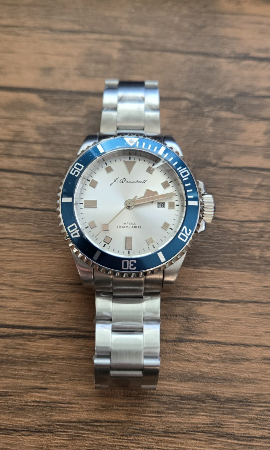 J Brackett Imperia JB7008 Blue Bezel Silver Dial 45mm Quartz w SS Bracelet