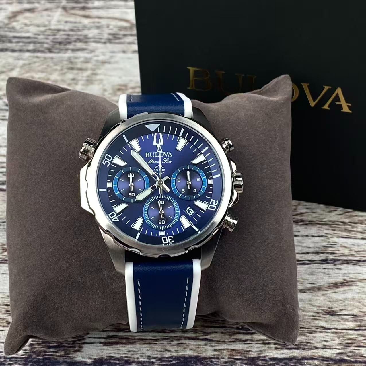 New Bulova Marine Star 96B287 Men’s Quartz Watch Blue Dial Silicone Strap 43mm