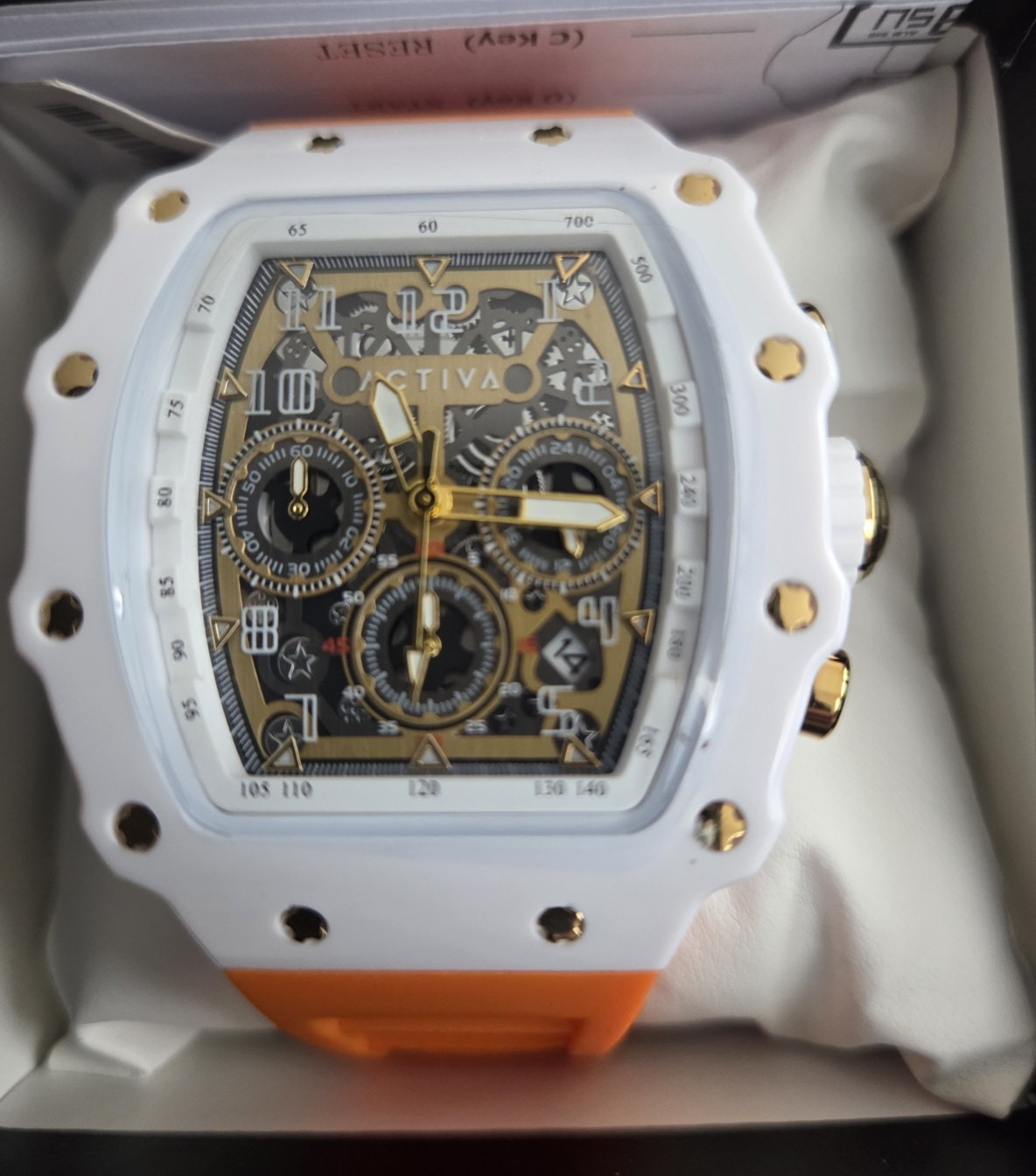 activa chronograph quartz sports watch gold/black dial orange rubber 50m