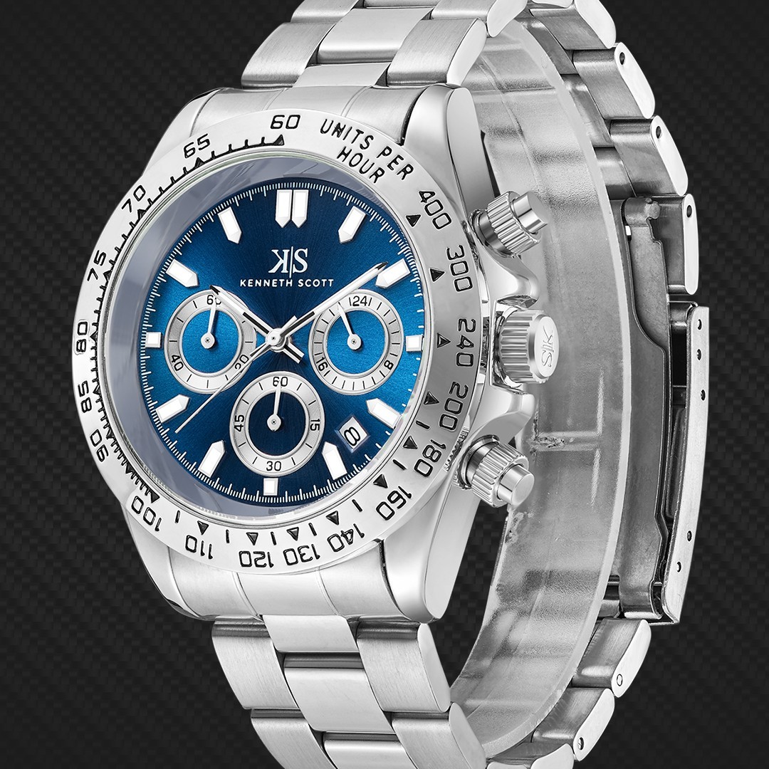 Kenneth Scott Men’s Multi Function Watch | Blue Dial, Silver Case & Strap