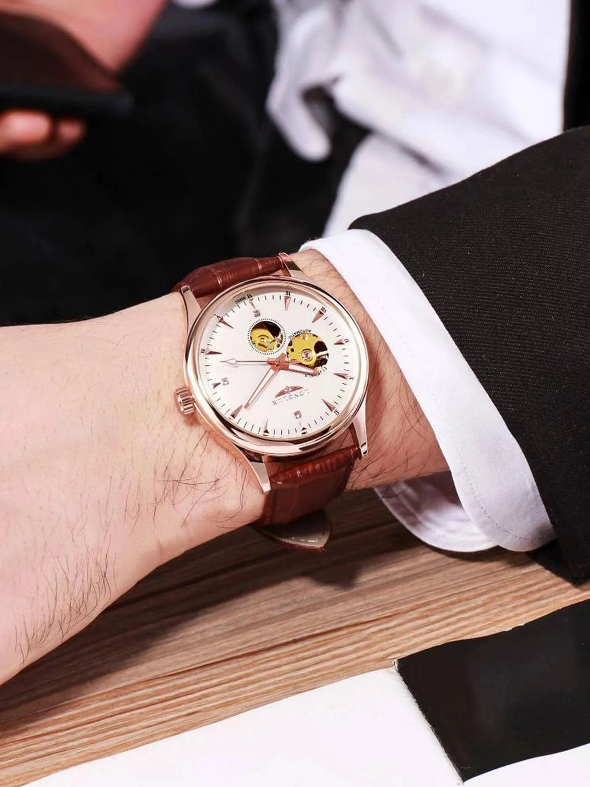 LONGLUX Men’s Automatic Skeleton Watch Roman Numerals Leather Waterproof