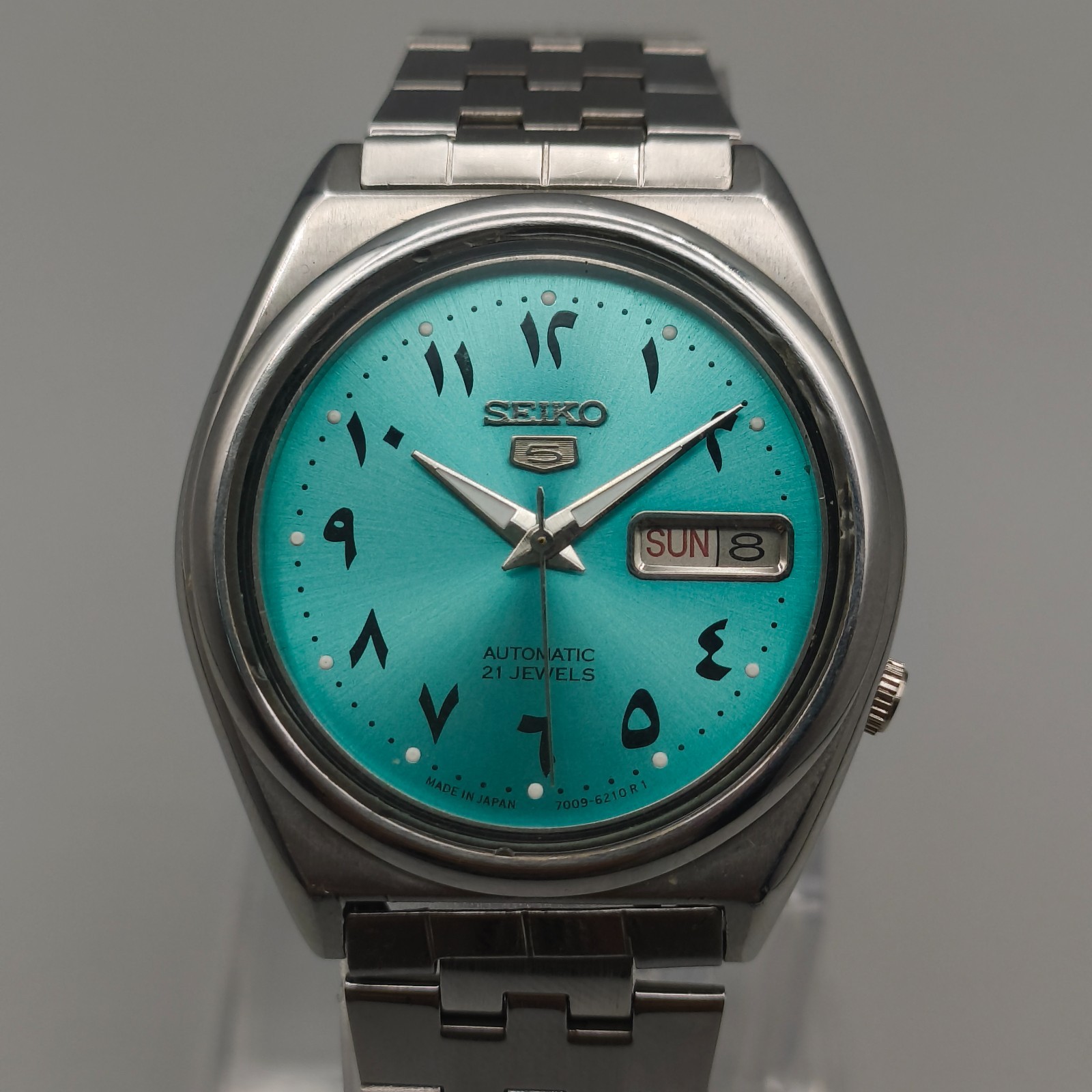 Vintage Seiko 5 Arabic Automatic 7009 Men’s Watch Ice Blue Dial 36 mm Day Date