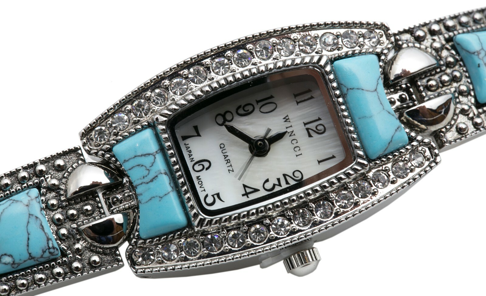 Blekon Collections Ladies Square Face Rhinestone Turquoise Linked Band Watch