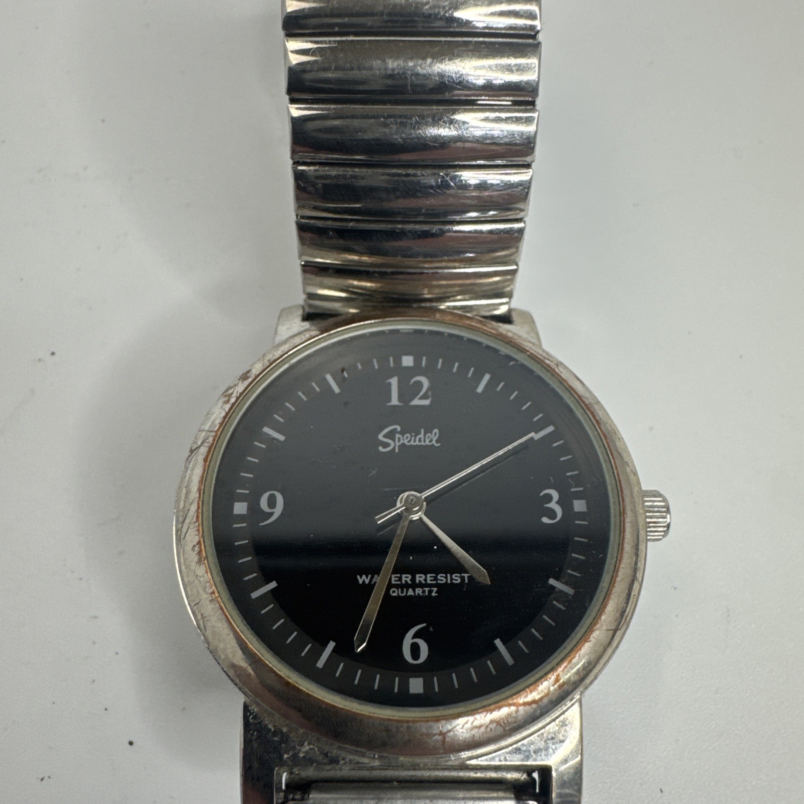 Speidel Silvertone Watch, Metal Expansion Band, Black Background