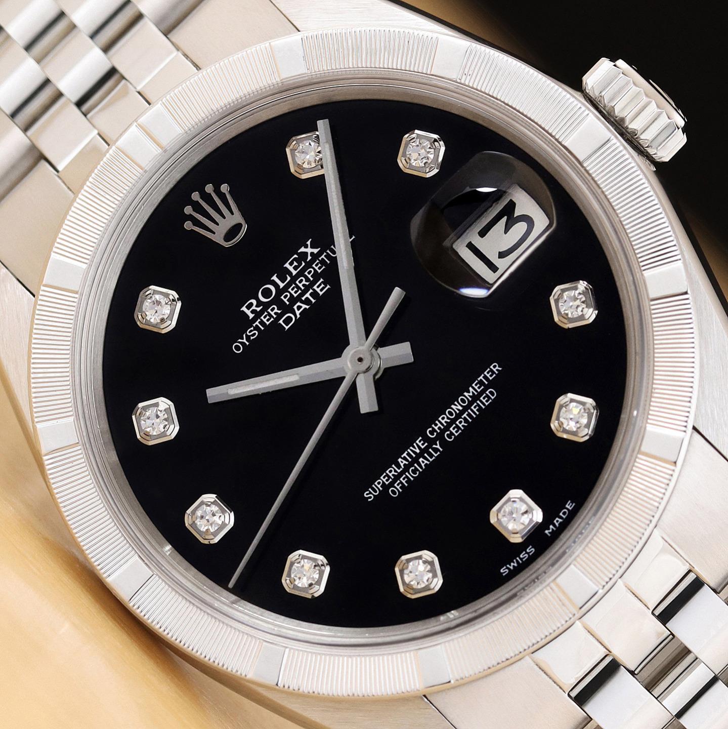 ROLEX OYSTER PERPETUAL DATE 1501 STEEL BLACK DIAMOND DIAL UNISEX JUBILEE WATCH
