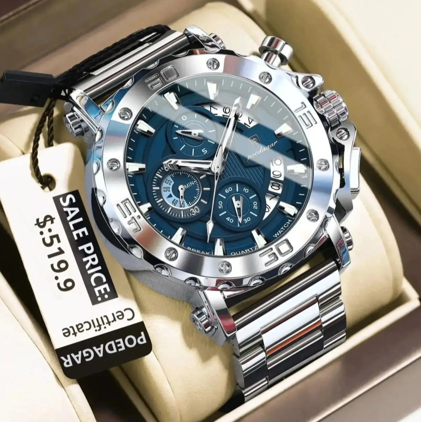 POEDAGAR Men’s Luxury Japanese Quartz Watch Waterproof Stainless Luminous NEW