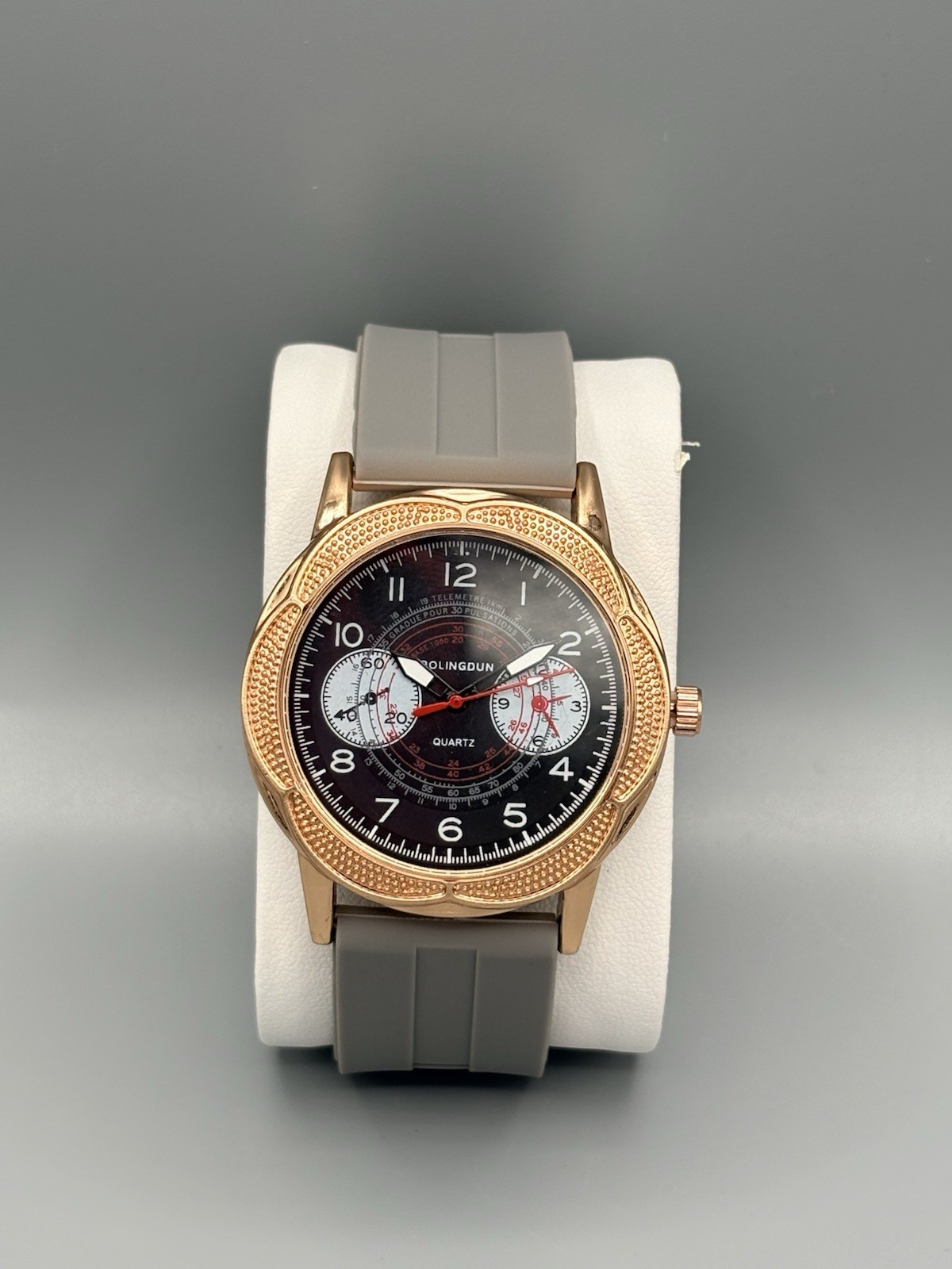 ROLINGDUN Quartz Watch Rose Gold Tone Black Dial Gray Silicone Strap New