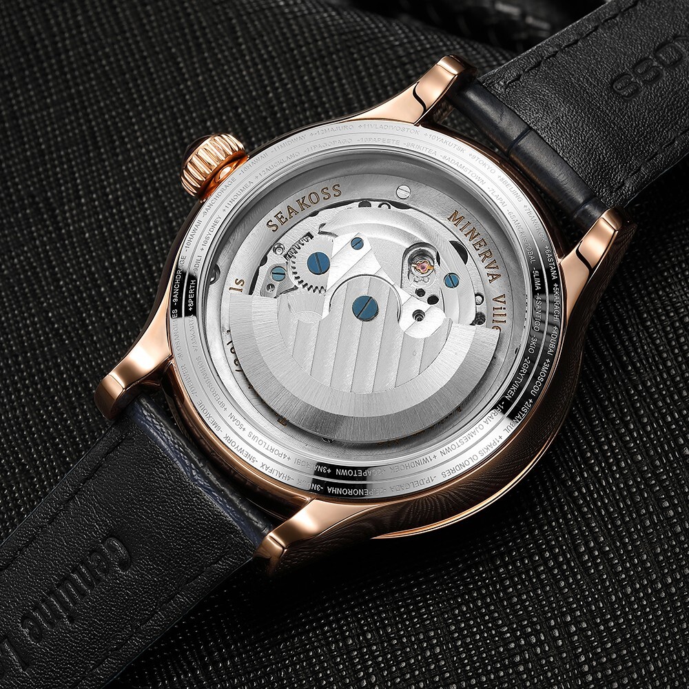SEAKOSS Men’s Automatic Watch World Time Blue Dial Rose Gold Leather Strap