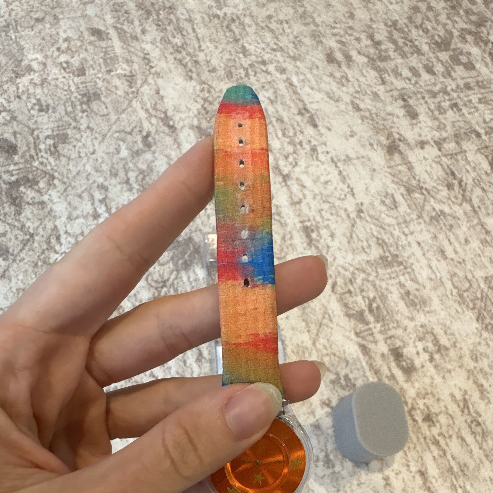 Swatch Quartz Analog Orange Dial Clear Plastic Case Multicolor Leather Strap
