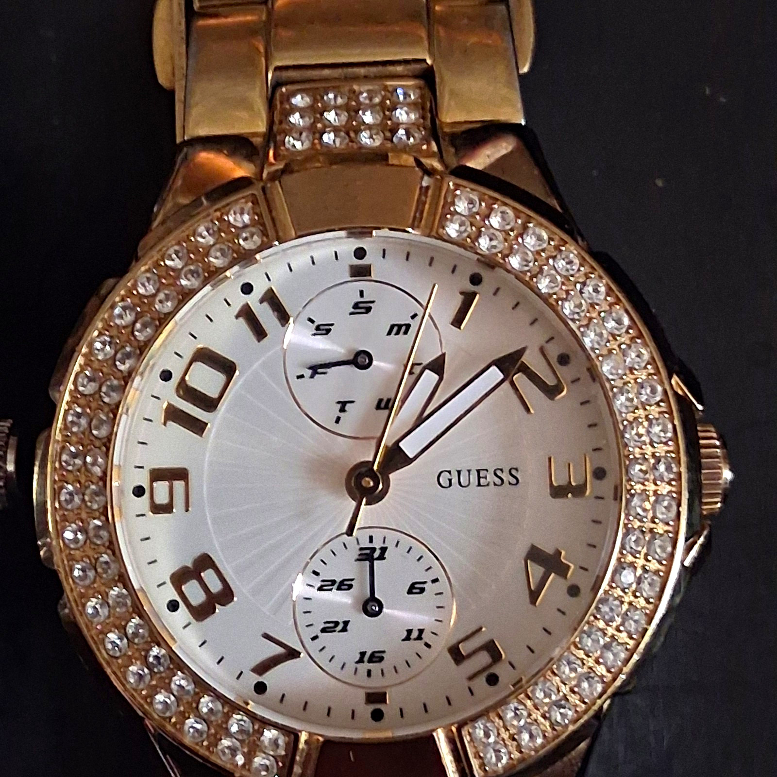GUESS Women’s Gold Tone Crystal Bezel Multi-Dial Quartz Watch White Dial 30m