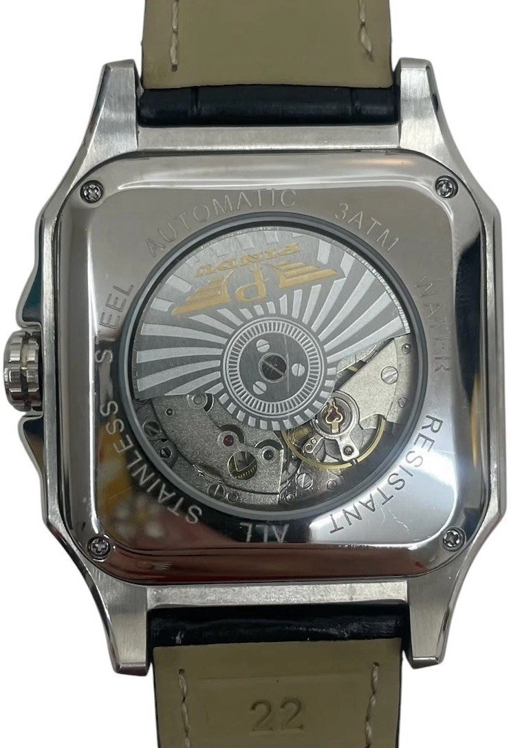 PINDU P6515 Square Automatic Watch Leather Deployment Clasp Santos Homage Dress