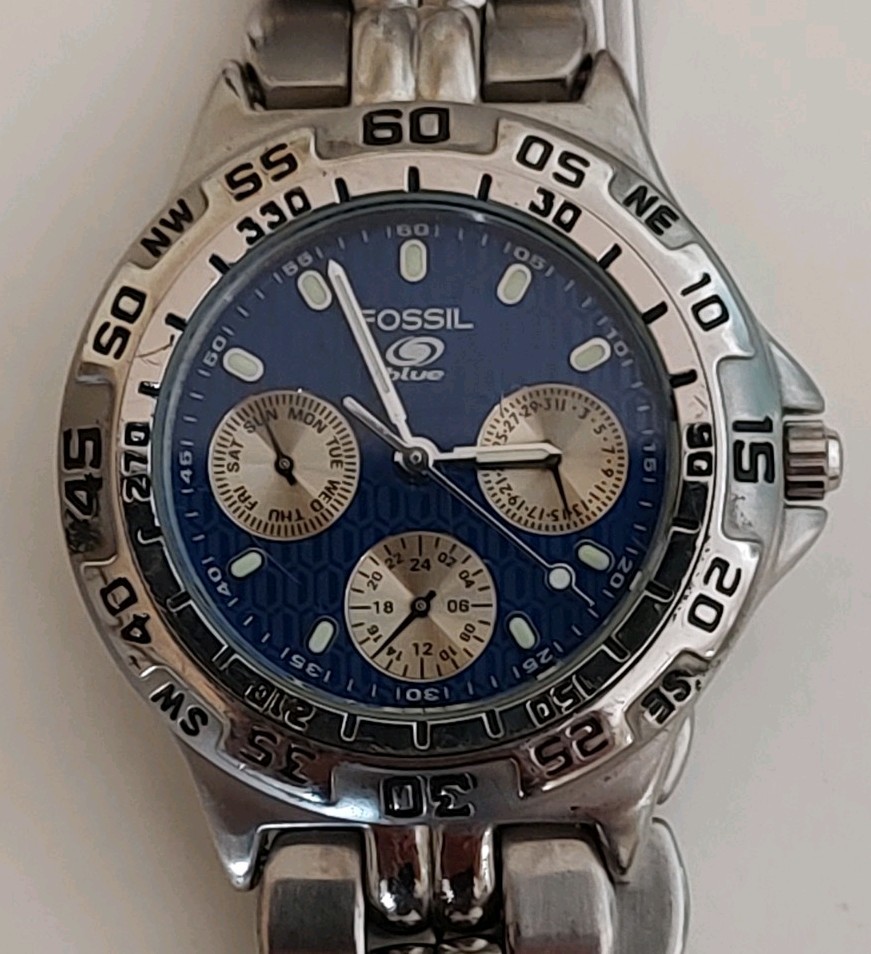Fossil Blue Stainless Steel Watch Dark Blue Dial, Silver Case, Chronograph