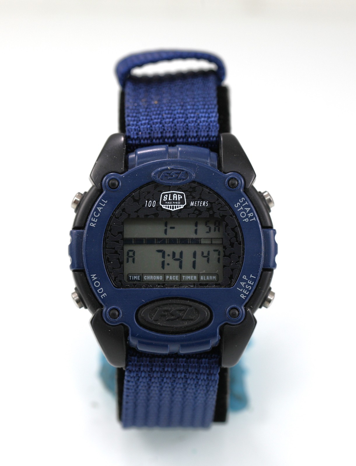 Fossil FSL Watch Men 8 Lap Chron Alarm Light Date Blue Black Plastic 100m Quartz