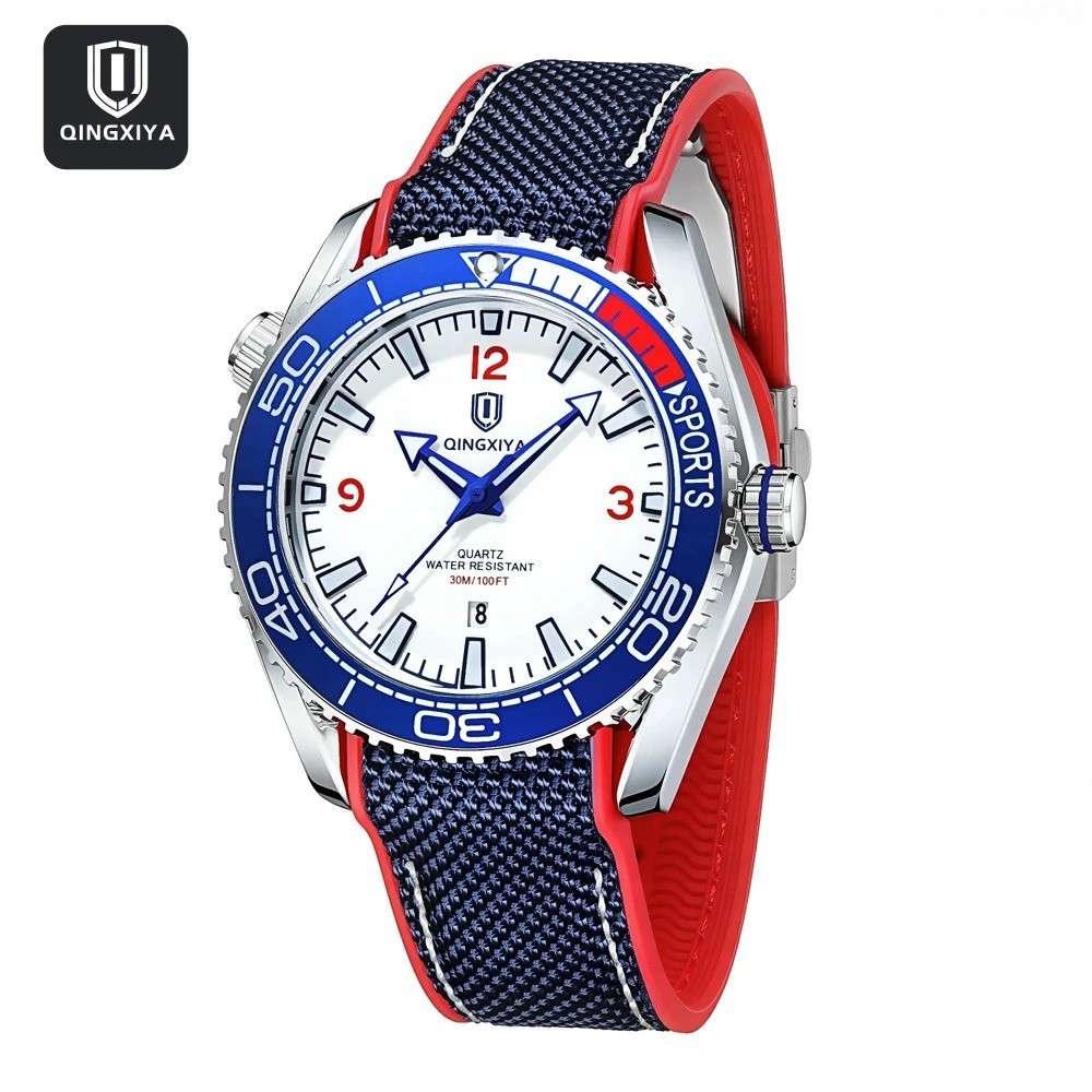 44MM QINGXIYA Quartz Diver Men’s Watch Nylon 30M Waterproof Date Luminous NEW