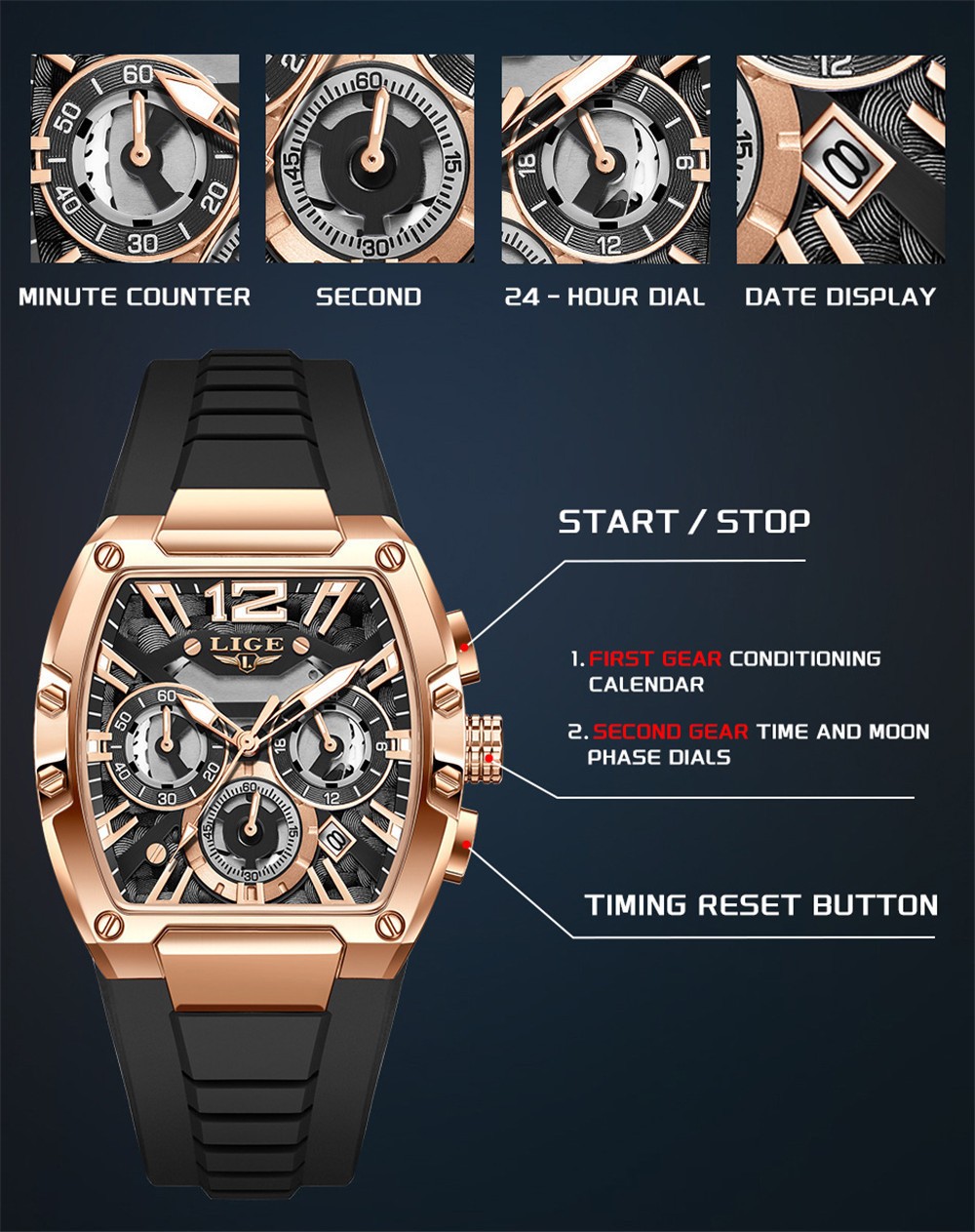 LIGE Men Rectangle Watch Big Dial Chronograph Wristwatch Boy Outdoor Sport Watch