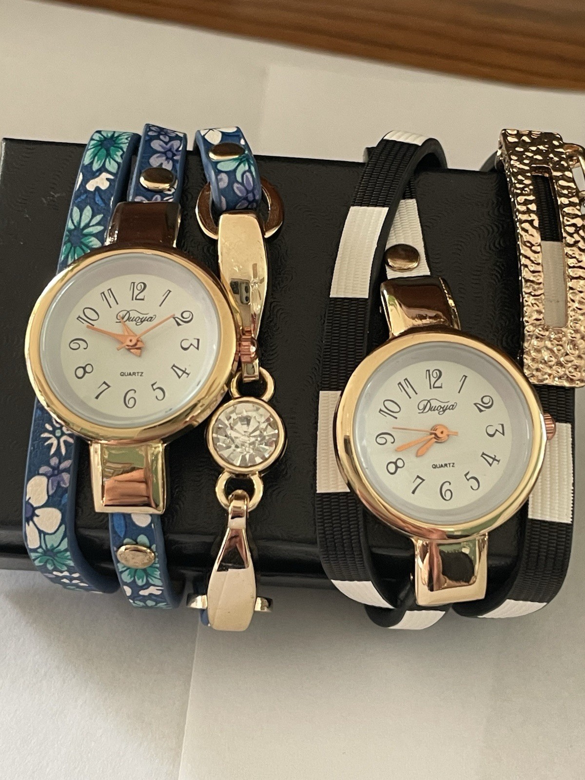 Duoya Wrap-Around Quartz Wristwatch Gold Case Blue Black Faux Leather Strap