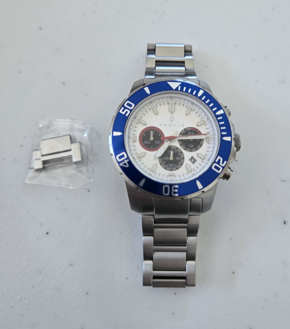 Nautis Dive Chronograph 500 Blue Bezel White Black Dial Quartz 45 mm w SS – READ