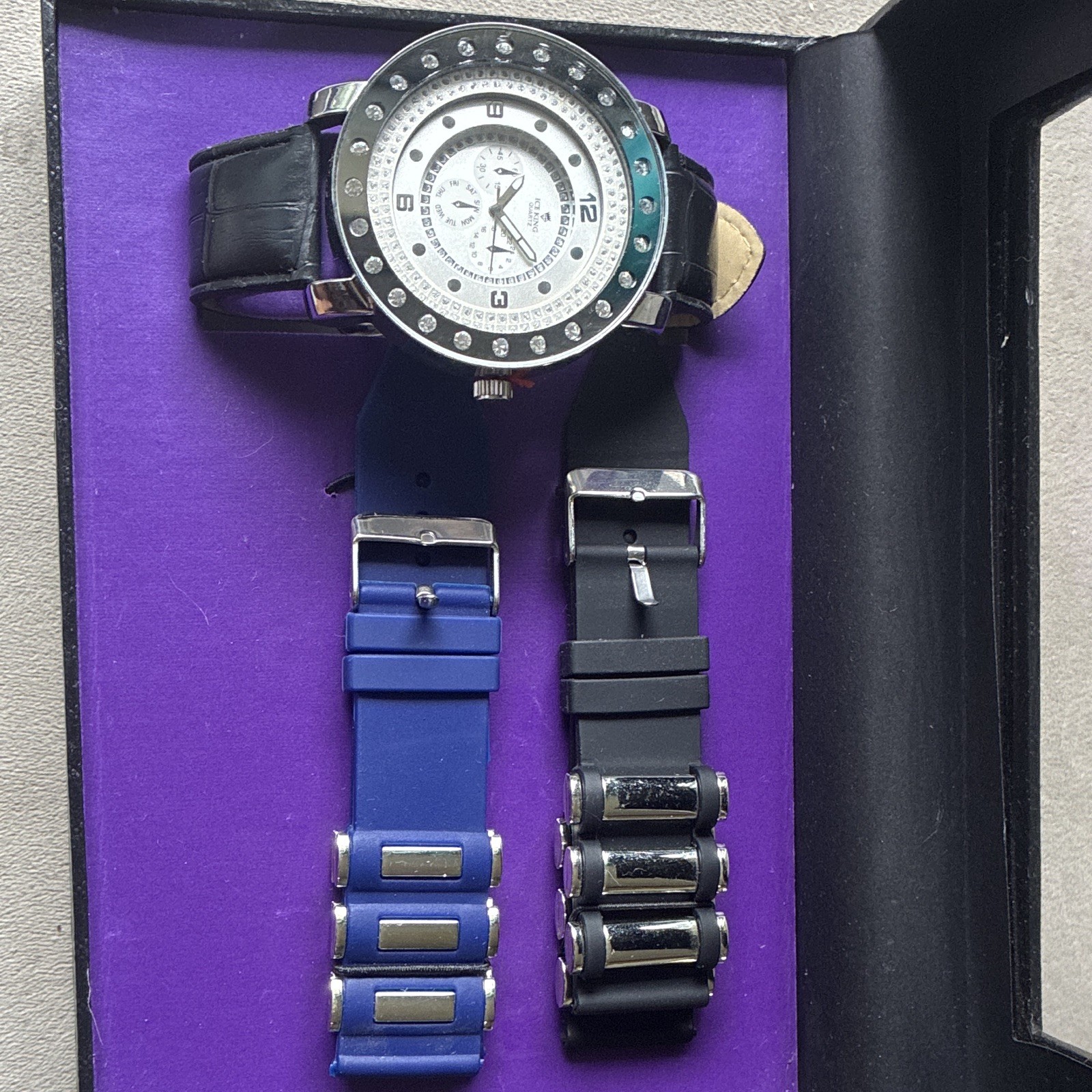 Ice King Quartz Analog Watch Silver Dial Black Bezel w/Black Blue Straps Box