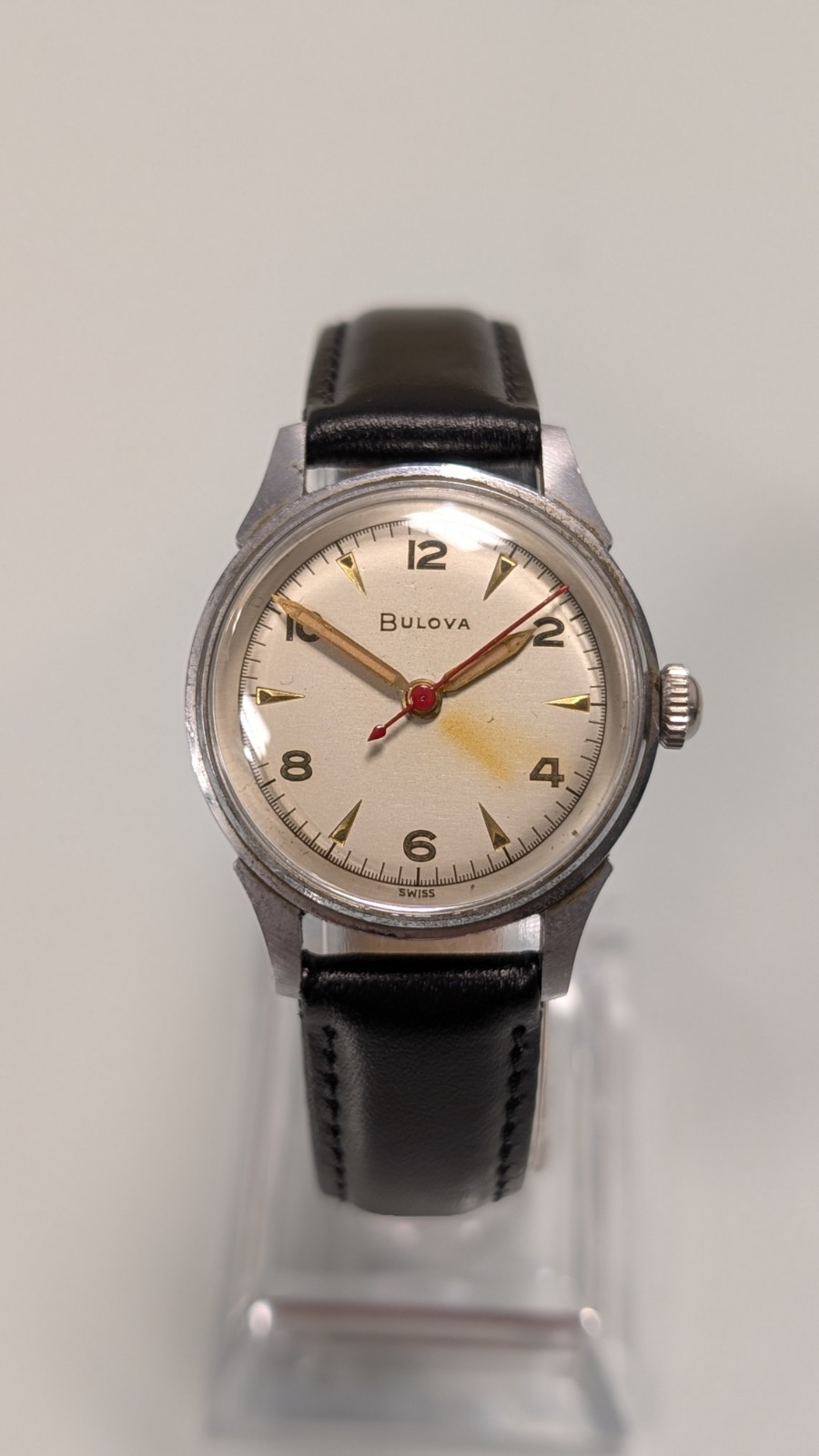 Vintage Bulova Manual Wind Watch 30mm Swiss Red Seconds Arrow Markers 1950s