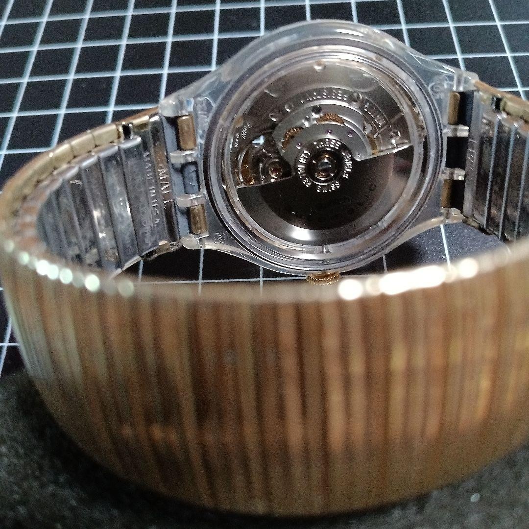 Swatch Automatic Watch Clear Gold Skeleton Dial Metal Band Vintage Rare