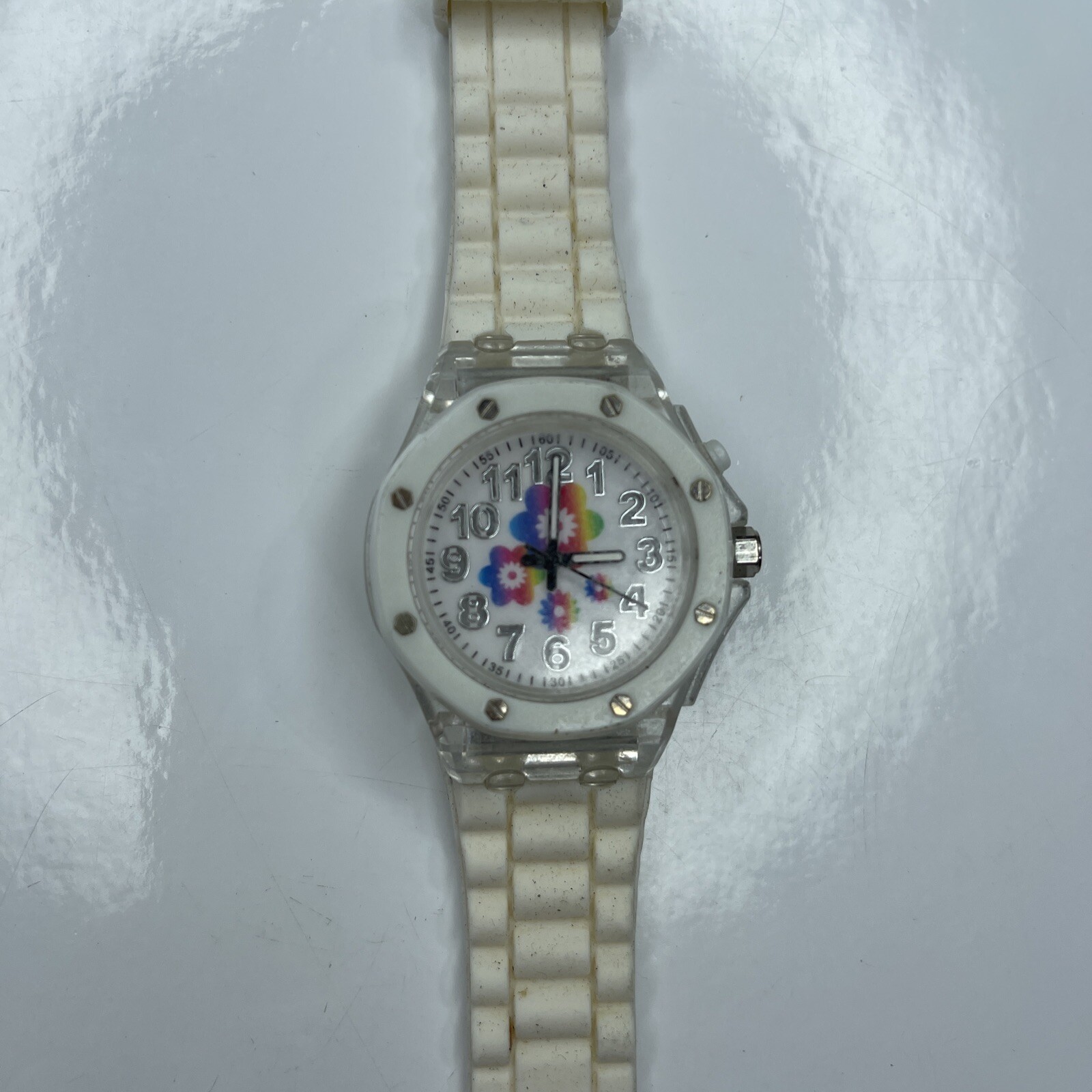 E Accutime 1011 S407BJC White Jelly Rainbow Flowers Singapore Stainless Untested