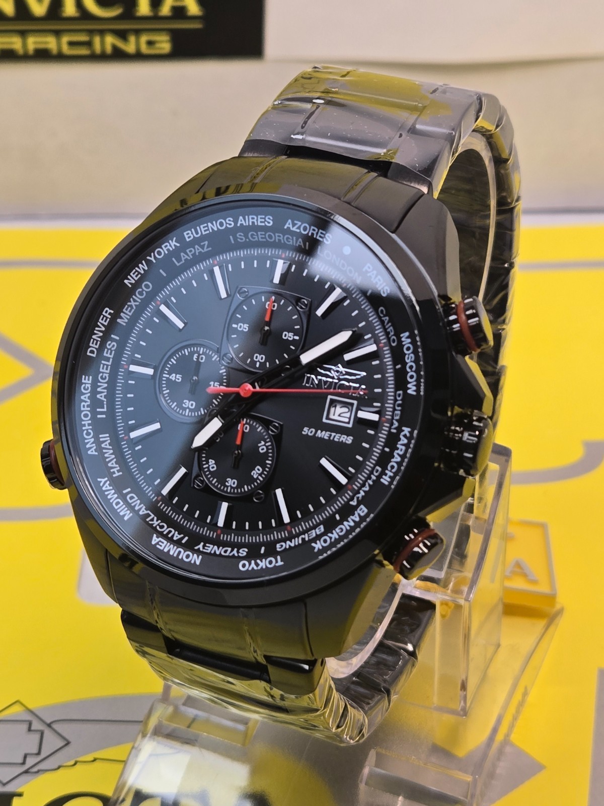 Invicta Aviator Interceptor Men Watch 50mm Black Steel Chrono w/ Slide Bezel NEW